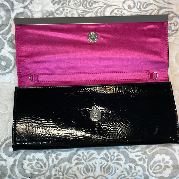 Vegan clutch black patent, like chrome, trim, pink satin interior - Picture 1 of 14